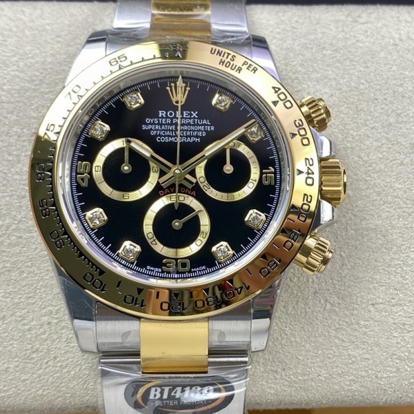 Rolex Daytona series, diamond-set black dial, gold bezel, silver case, 40mm, gold and silver Oyster bracelet.